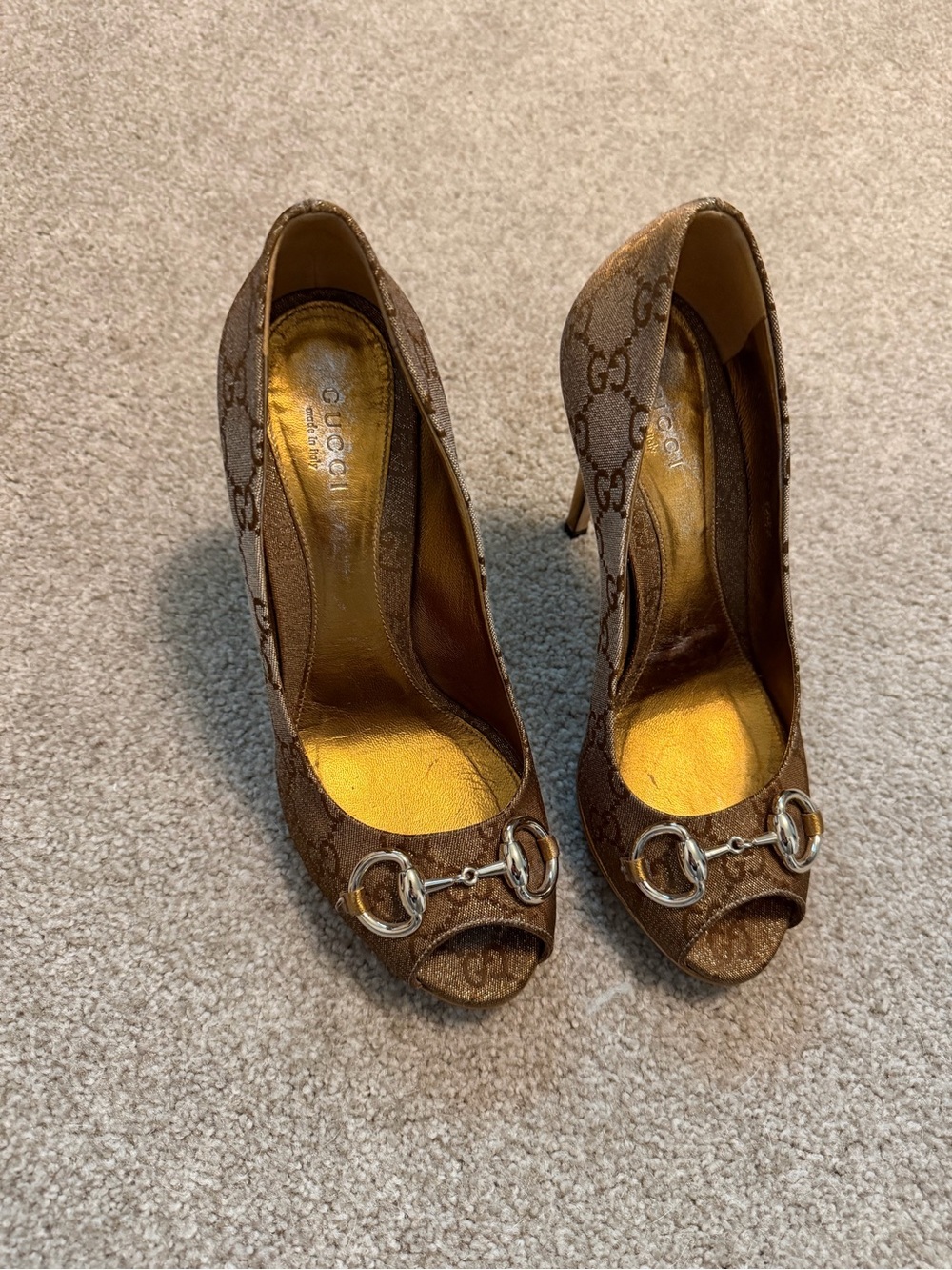 Gucci Brown GG Canvas Horsebit Peep-Toe Pumps
